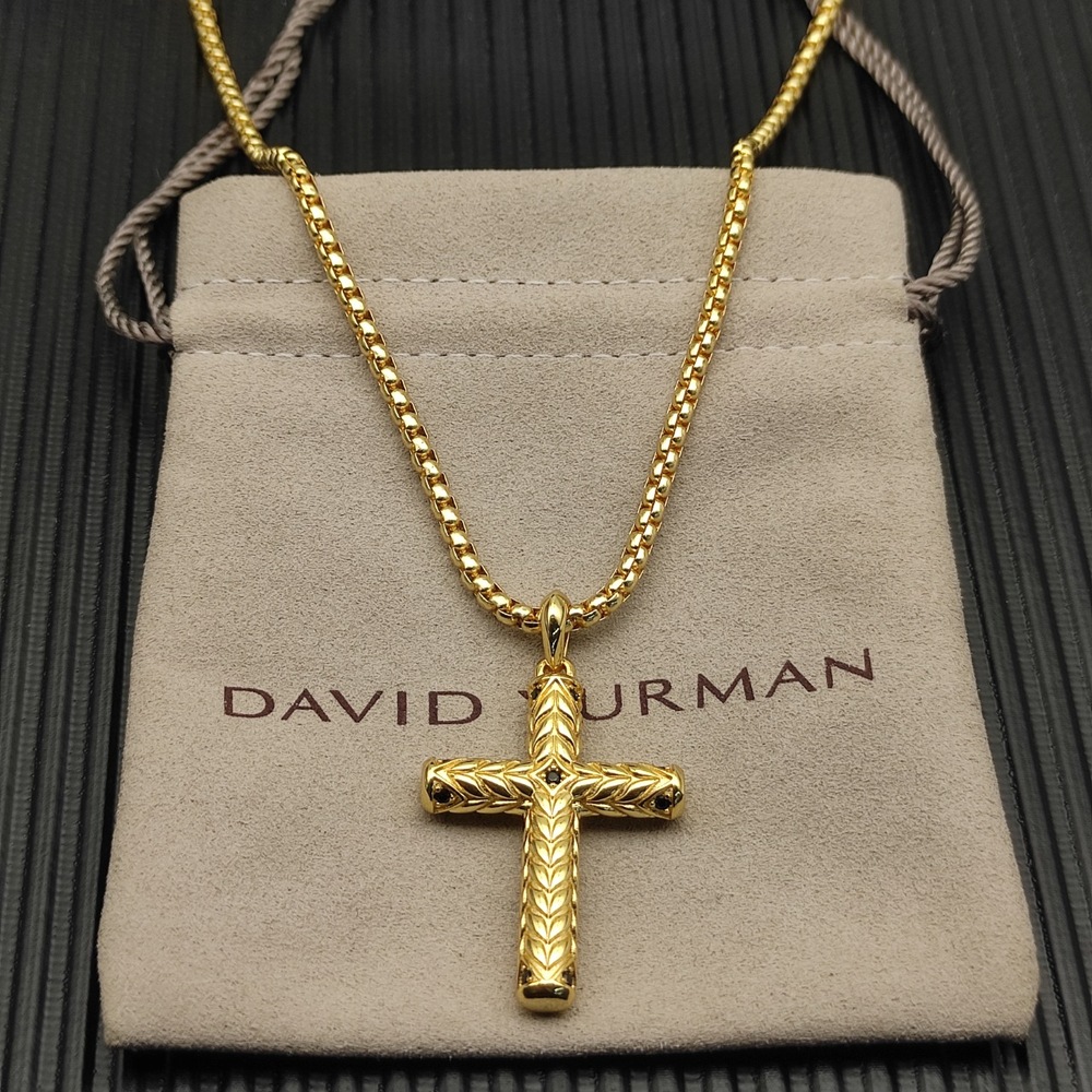 David Yurman Gold Chevron Cross White Diamond Necklace